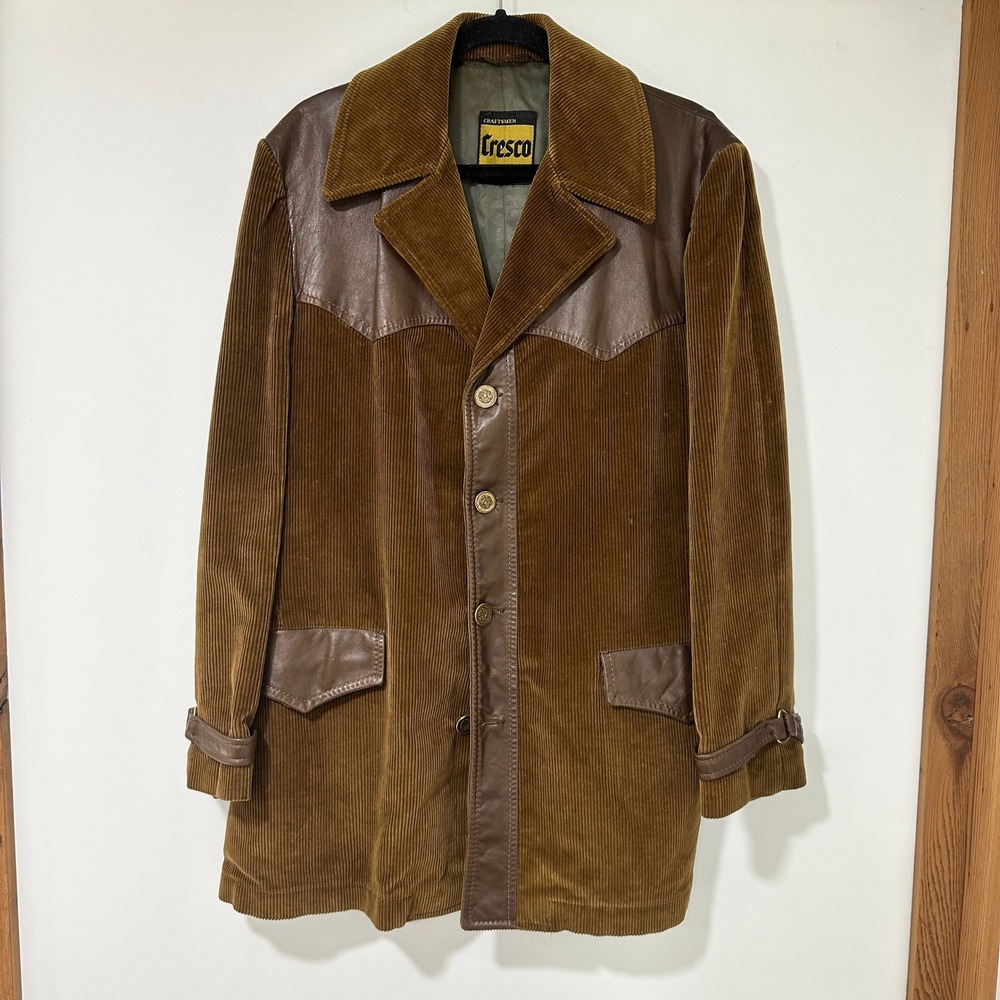 Vintage 70s Cresco Corduroy Western Rancher Jacket Leather Trim Mens 40